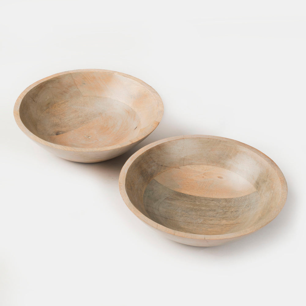 Set of 2 stackable mango wood serving bowls featuring a rustic grey finish and natural wood grain texture.