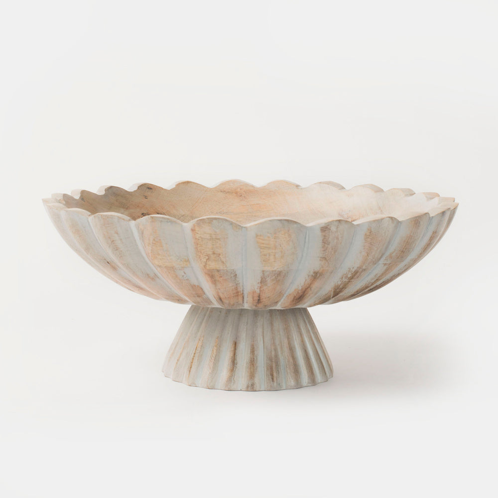 Rustic gray fluted mango wood pedestal bowl with scalloped edges