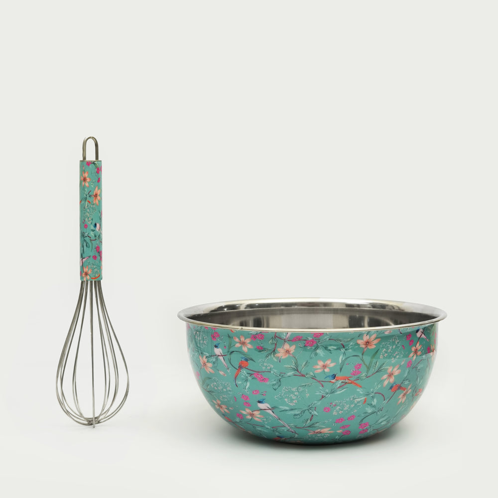 Aqua stainless steel bowl with matching whisk set