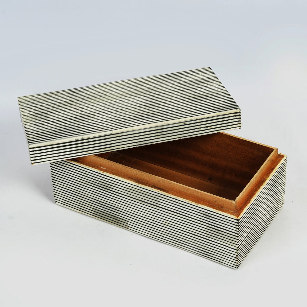 Natural finish pinstripe bone inlay storage box with lid open