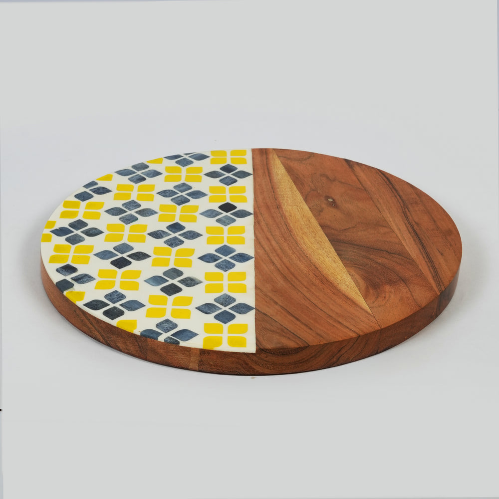  Marigold Mosaic acacia wood serving board with handcrafted floral bone inlay and natural wood grain.