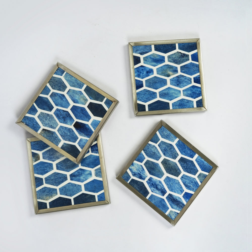 Top-down view of the Gramercy bone inlay coaster highlighting its smooth, hand-polished surface and deep blue artisanal finish.