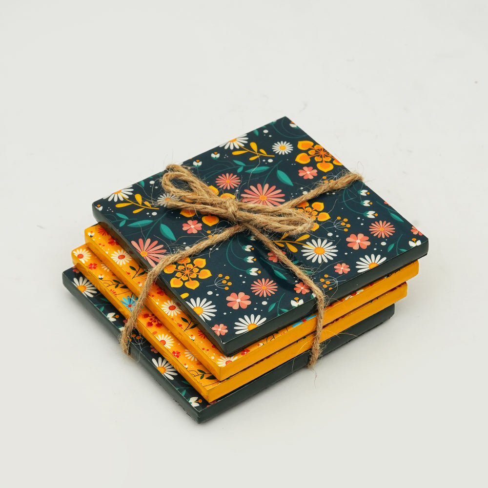 Sunburst Bloom floral coaster set with vibrant patterns