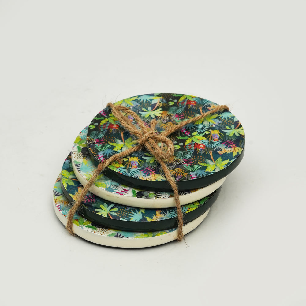  Set of 4 Jungle Bloom multicolored coasters tied with rustic twine, featuring a vibrant botanical design.