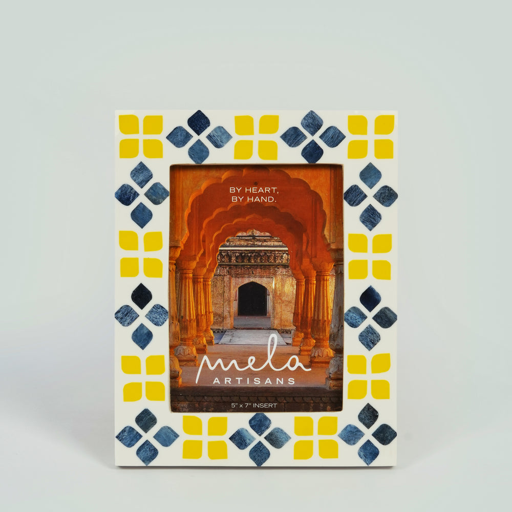 Marigold bone inlay photo frame with floral mosaic design