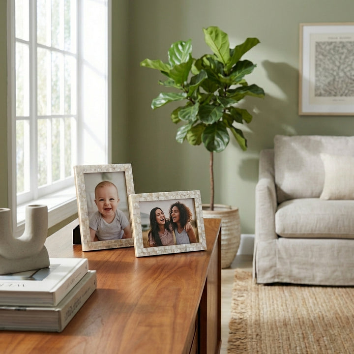 Elegant MOP inlay 4x6 photo frames displayed on tabletop with decorative photo insert