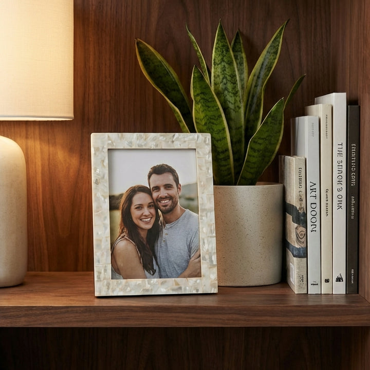 Elegant MOP inlay photo frames displayed on tabletop with decorative photo insert