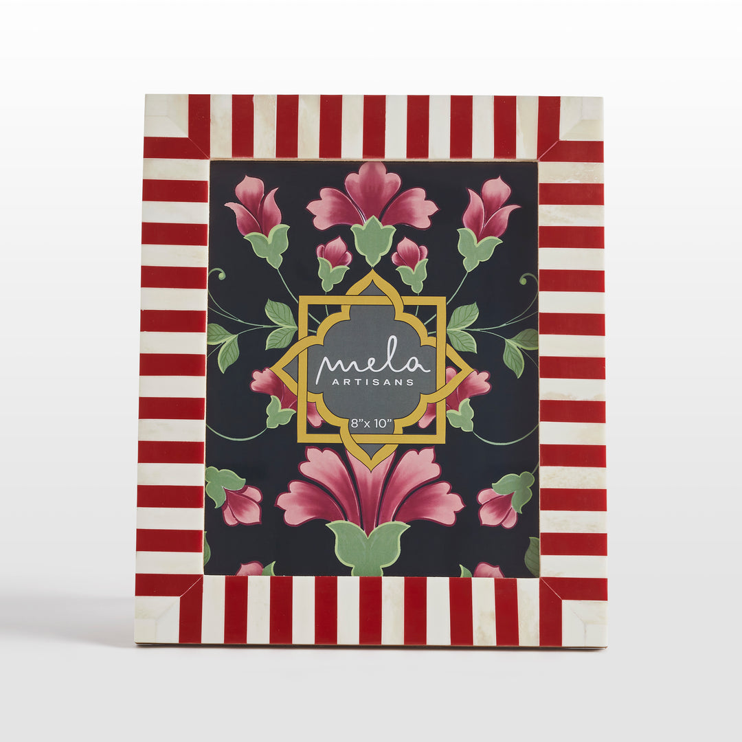 Red and white striped bone inlay photo frame 8x10 inch size on white background  
