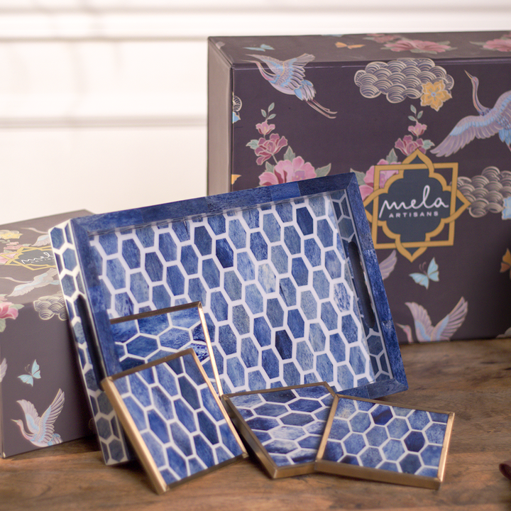 Gramercy 11-inch tray with set of four matching coasters displayed together
