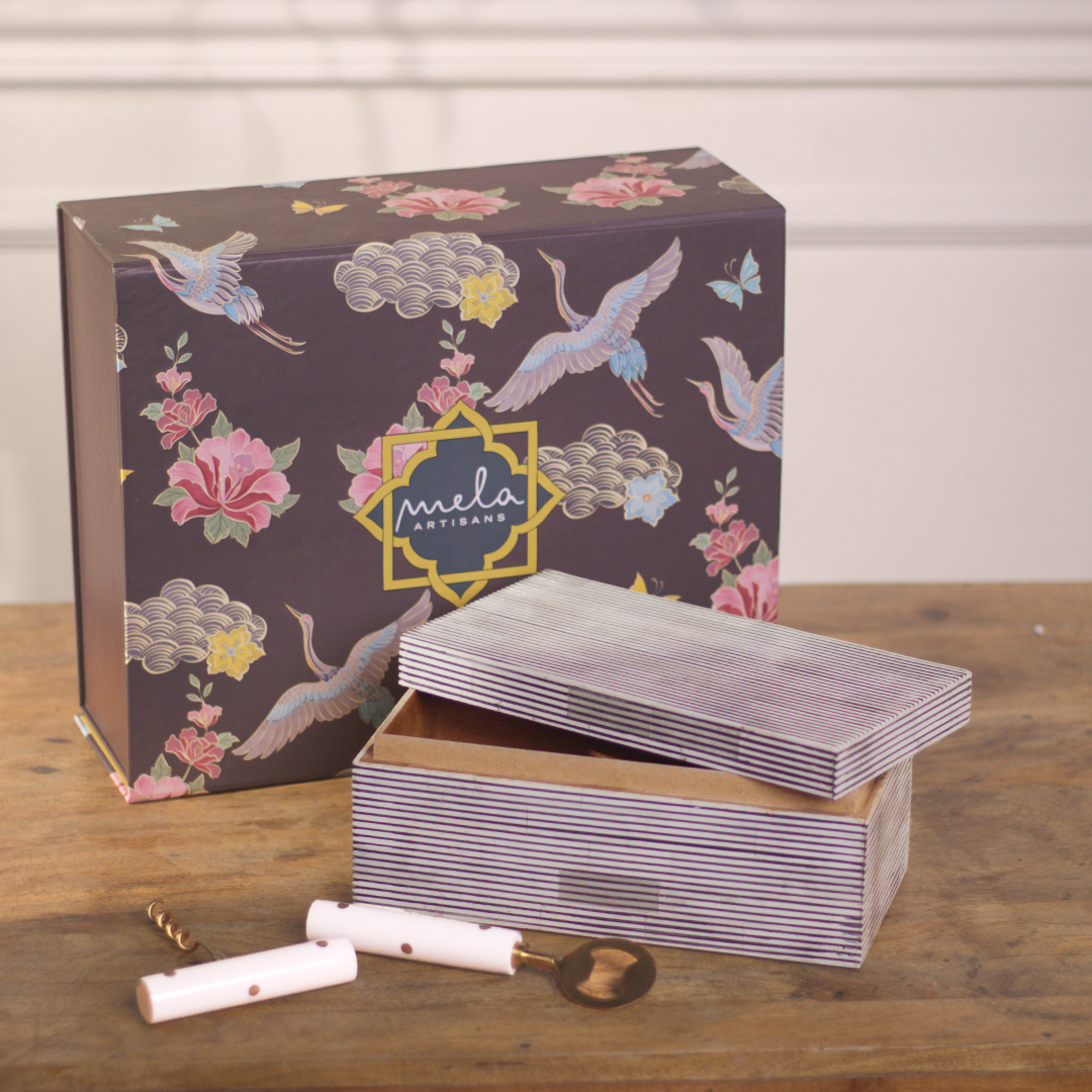 Pinstripe Inlay Bar Accessories Gift Set, Wooden Box with Corkscrew & Bottle Opener