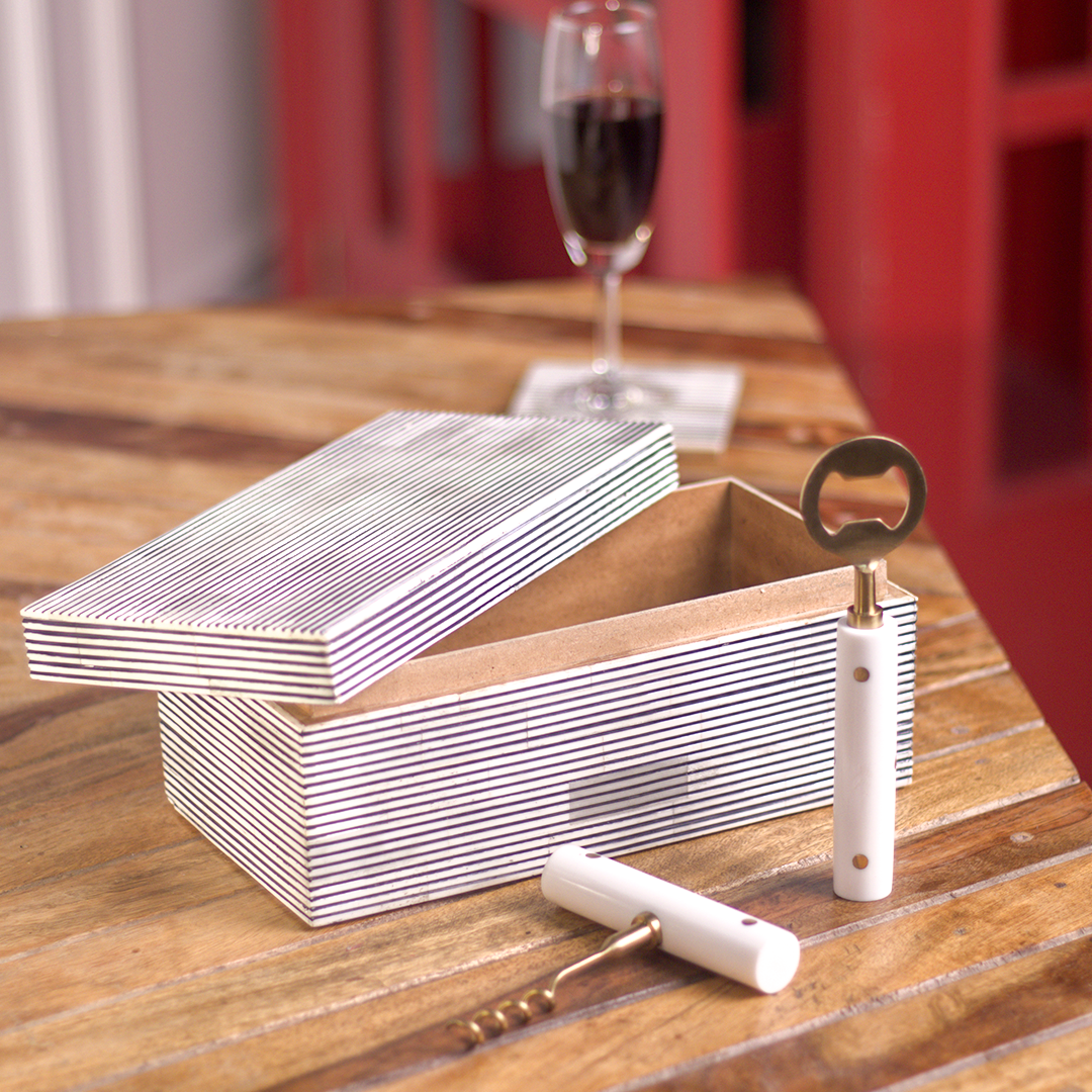Pinstripe Inlay Bar Accessories Gift Set, Wooden Box with Corkscrew & Bottle Opener
