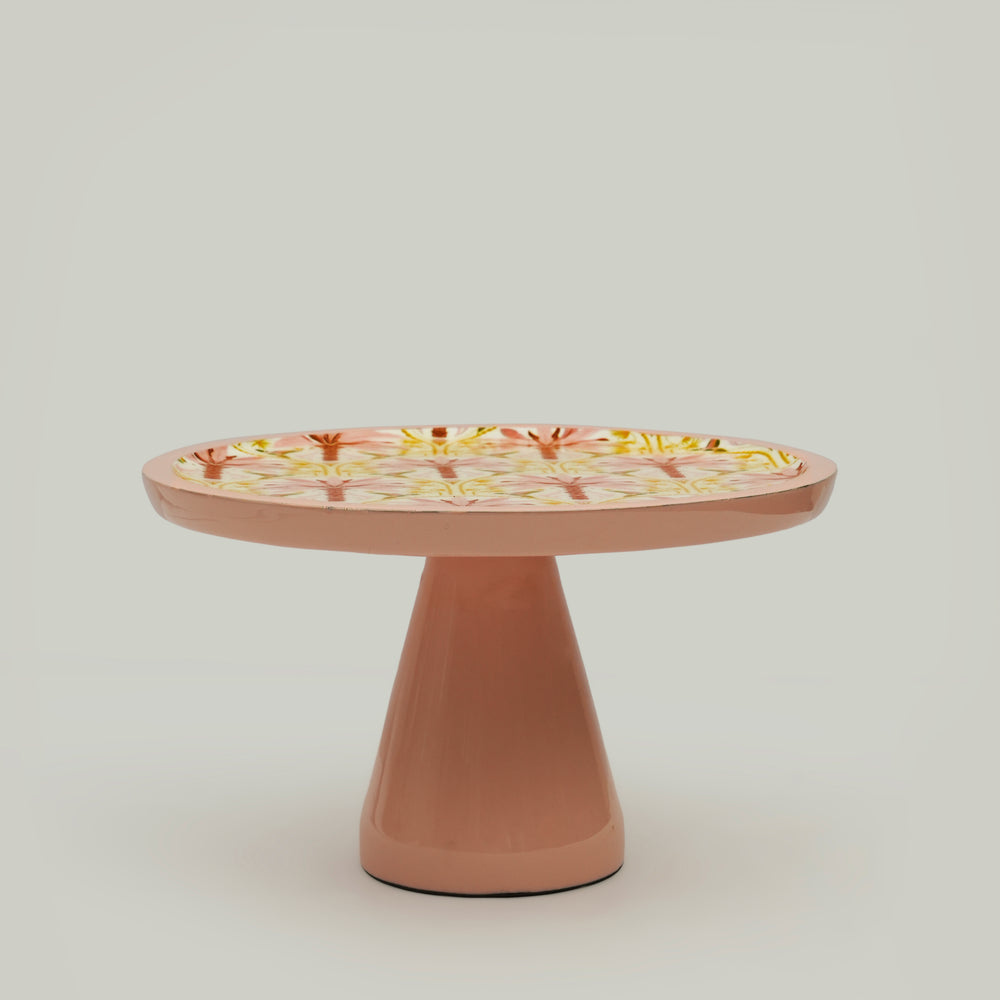 Pink summer cake stand with floral enamel top
