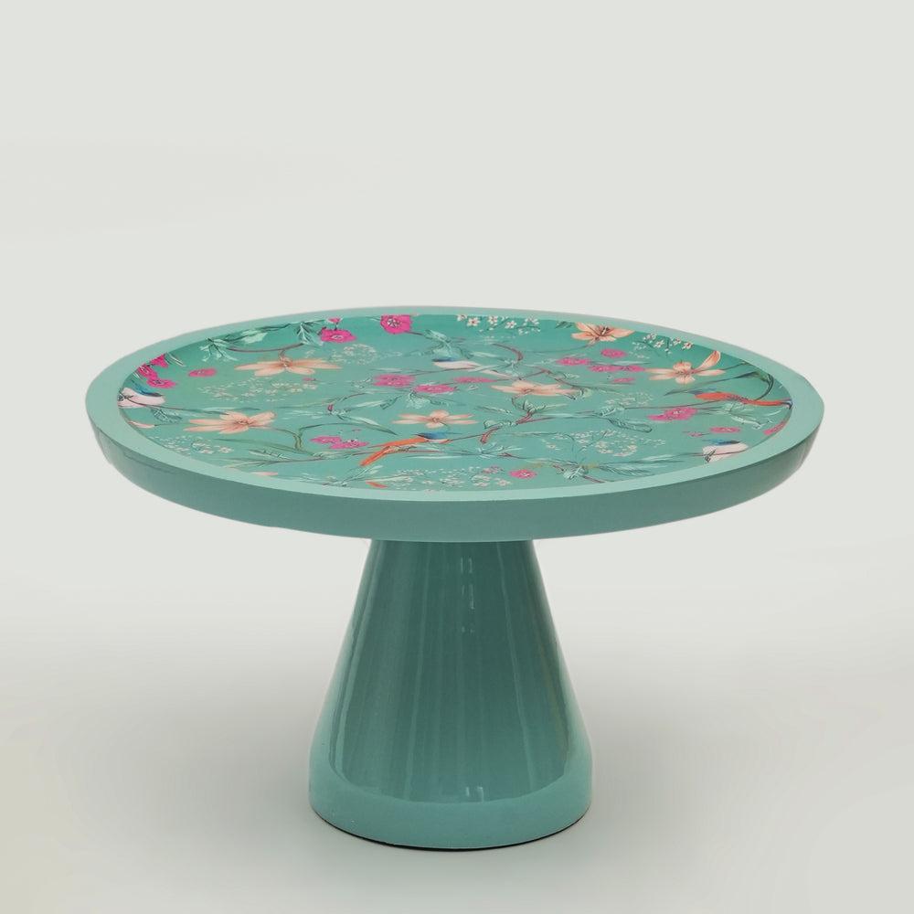  Aqua Flora pedestal cake stand with a glossy floral enamel top and handcrafted mango wood base.