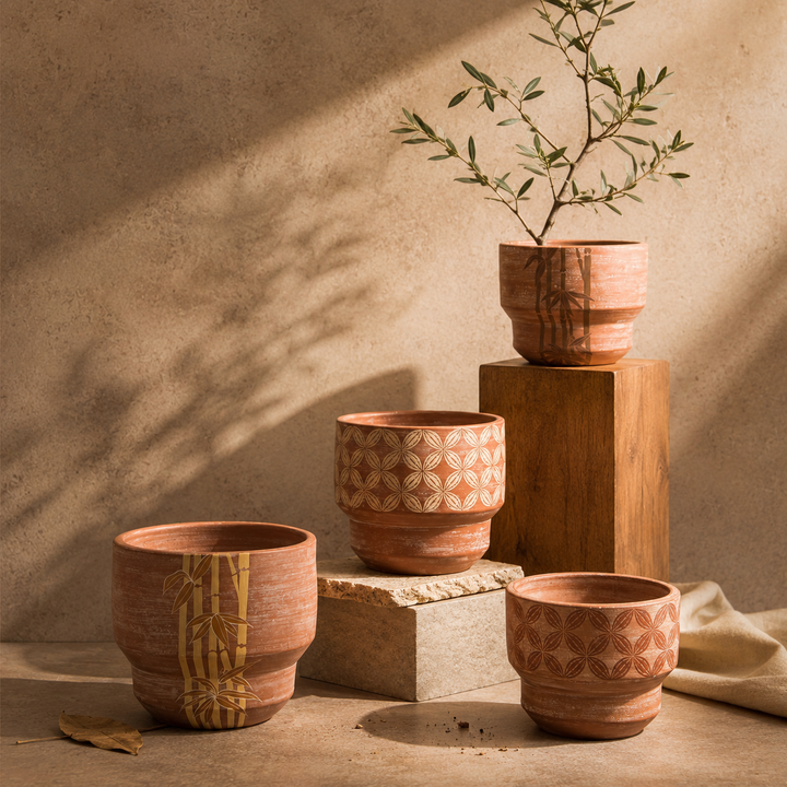 Japandi style terracotta plant pot sitting on an indoor wooden side table housing foliage 