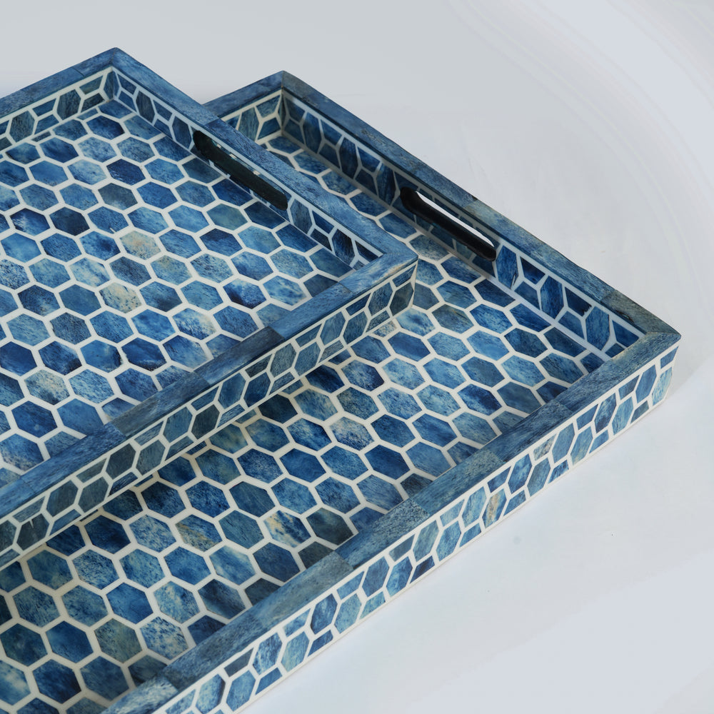Handcrafted rectangular decorative tray with a vibrant blue and white bone inlay honeycomb pattern.