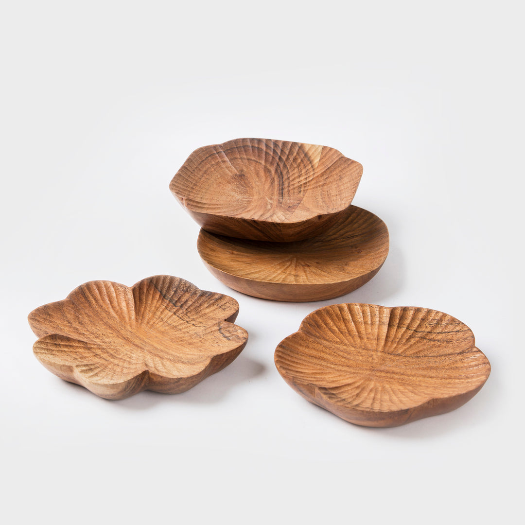 Hand carved wood trinket trays set of 4 in floral and scalloped shapes on white background  