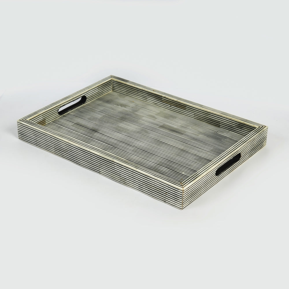 White bone inlay tray with pinstripe design in rectangular shape