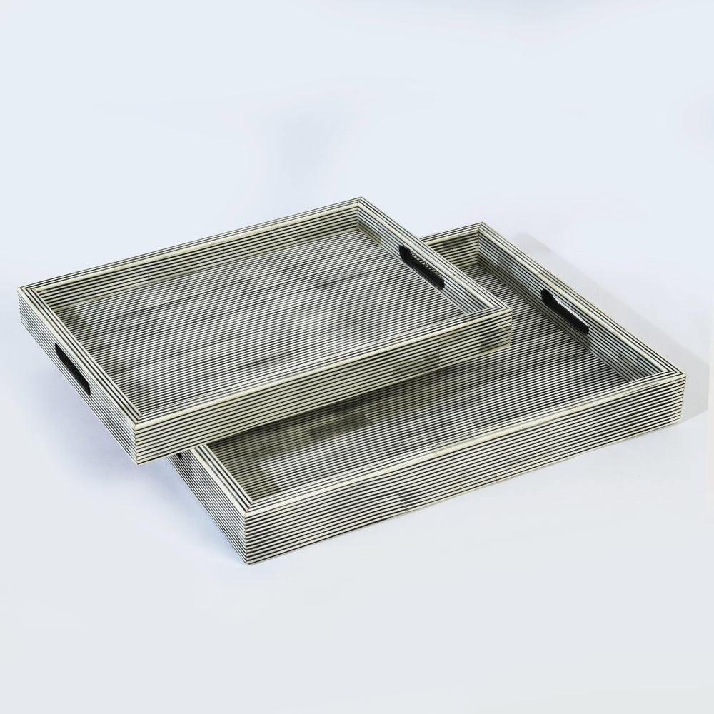 White bone inlay tray with pinstripe design in rectangular shape