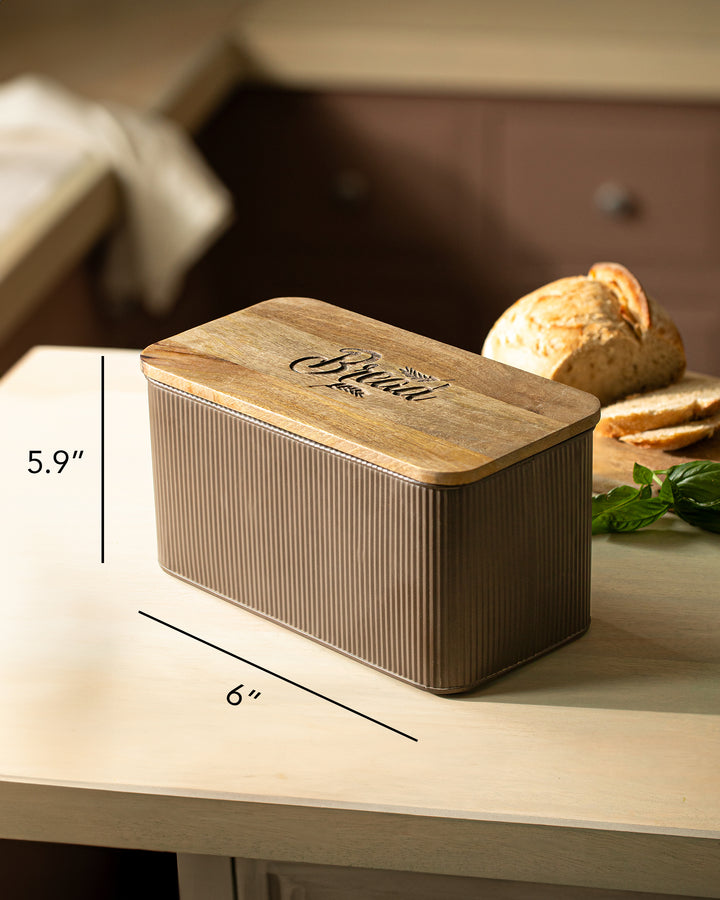 close-up of multicolored wood finish on bread box
