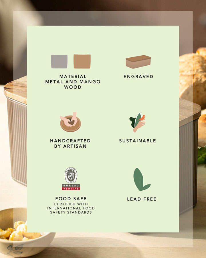 Product label with certification icons and text on a light green background