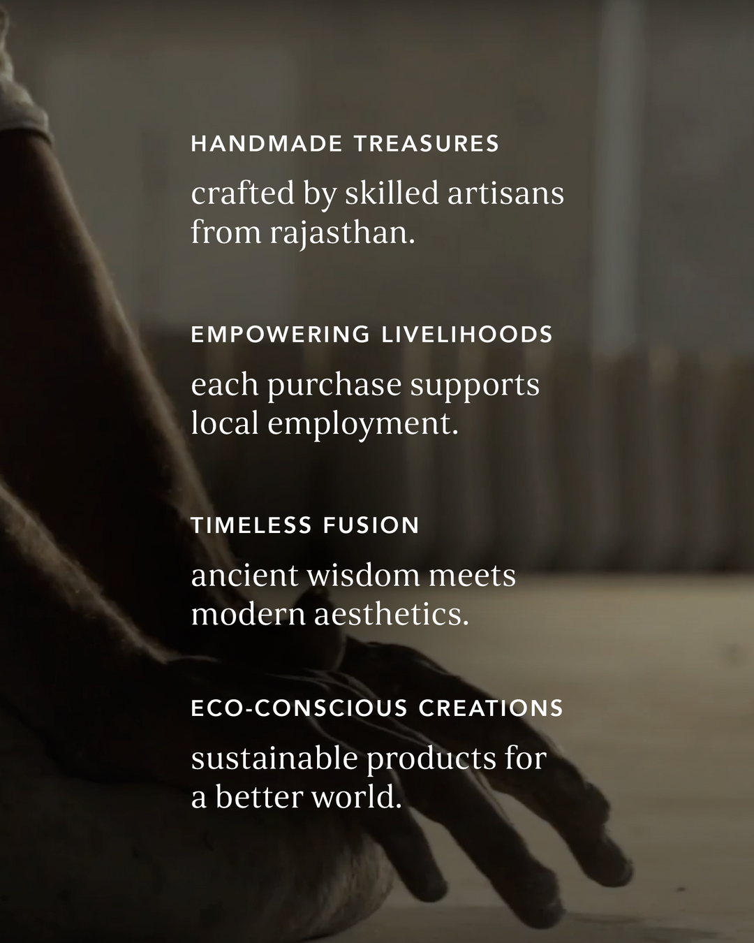 Text about handmade treasures from Rajasthan with a blurred background of hands holding fabric.