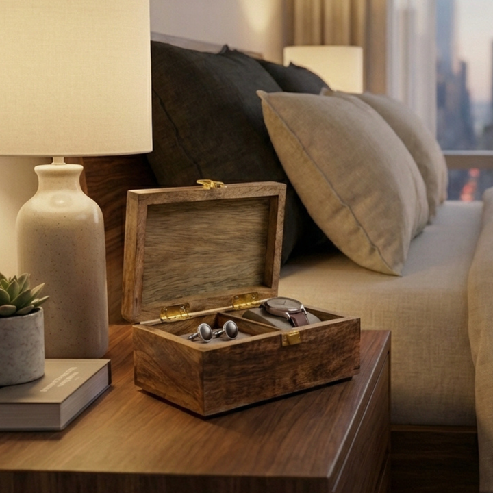 handcrafted mango wood memory box with two partitions styled with watch and cufflinks