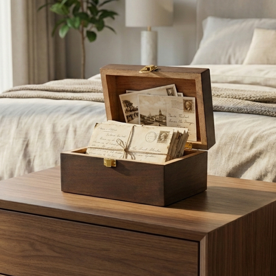 dark walnut acacia wood keepsake storage box styled on dresser with jewelry and accessorie