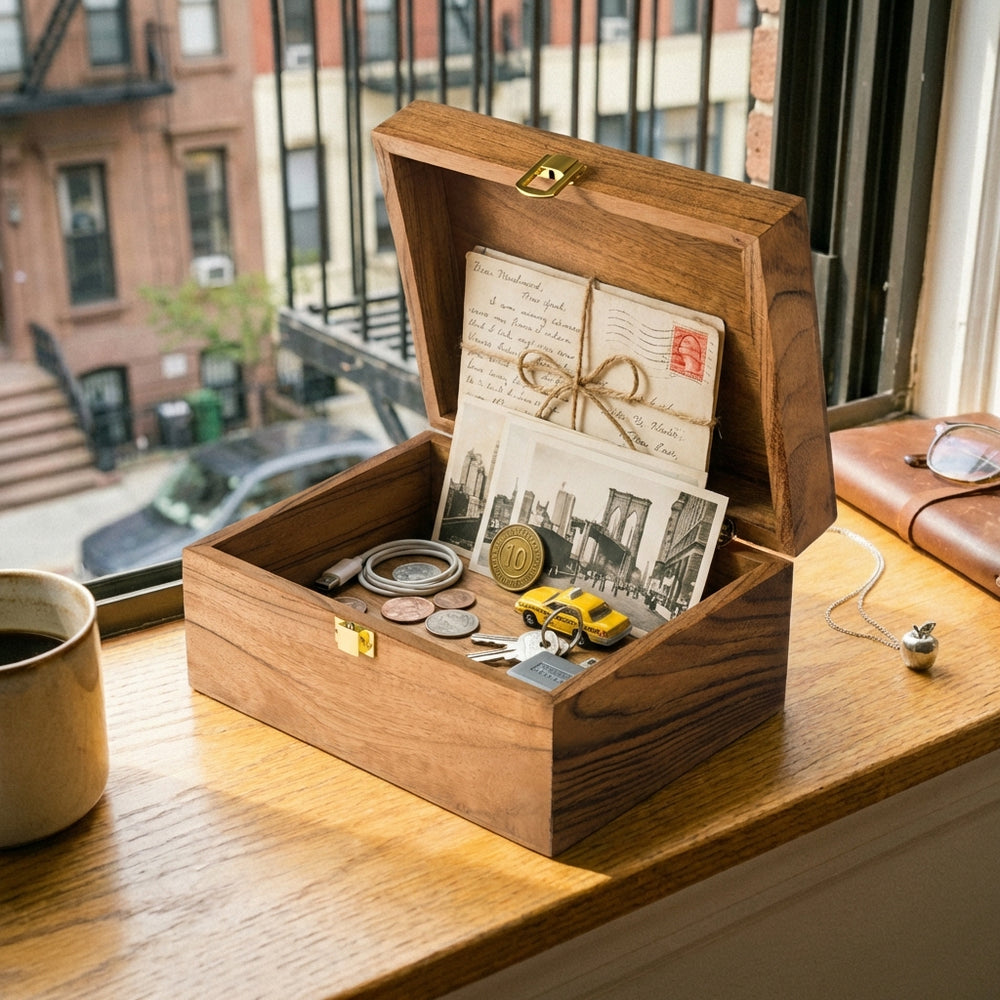 solid acacia wood keepsake box styled on dresser with jewelry and small accessories