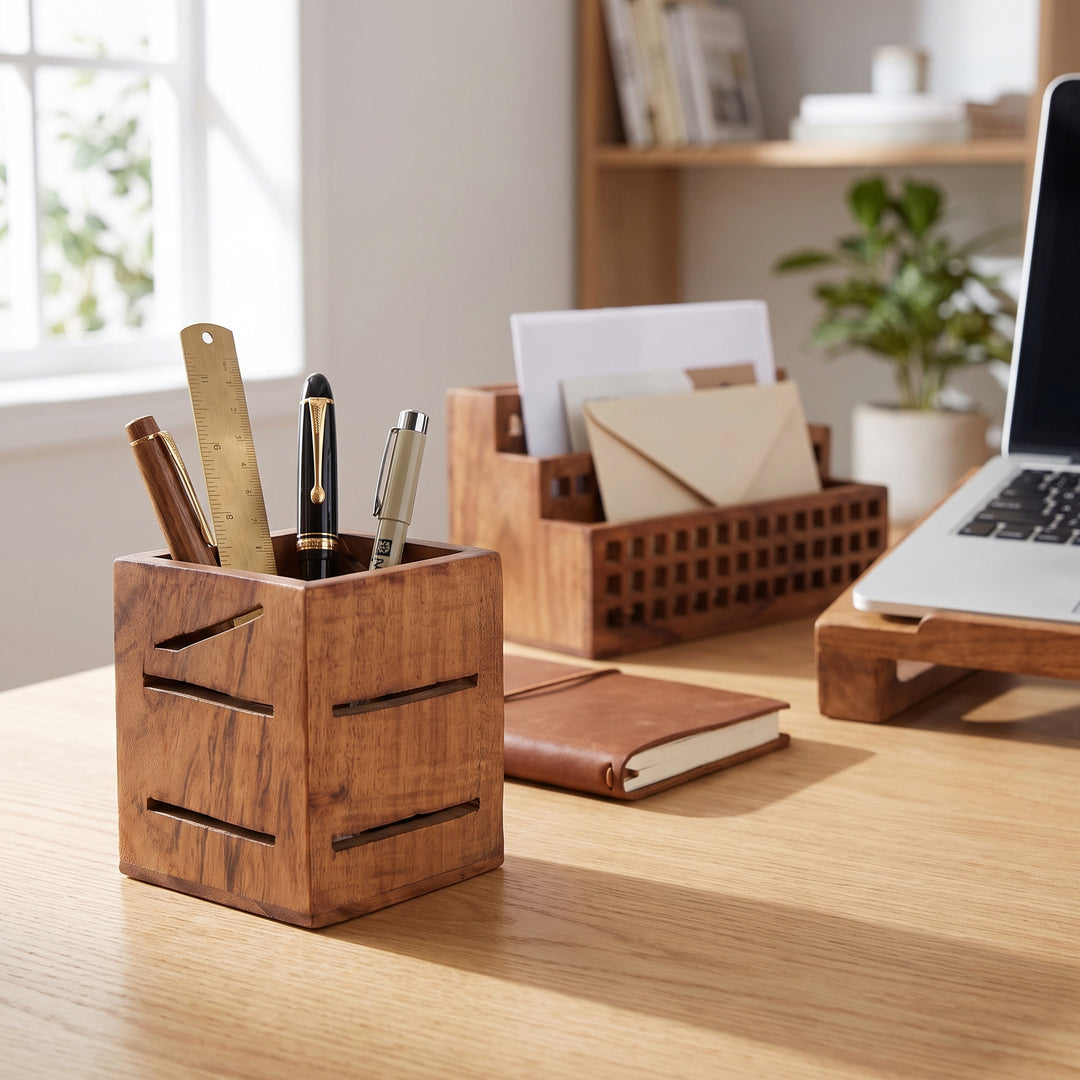  Acacia wood pen holder styled on a modern office desk filled with pens and pencils  