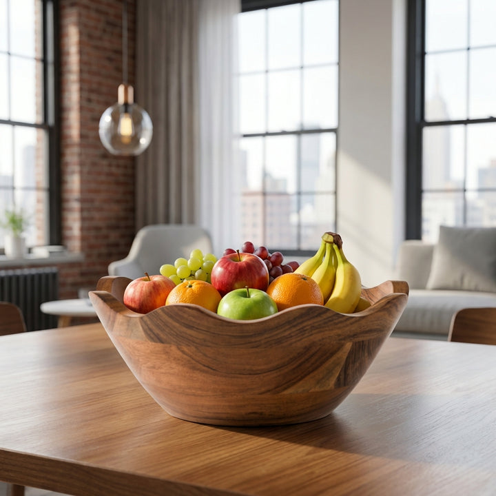 Handcrafted acacia wood scallop bowl styled with fruits on dining table