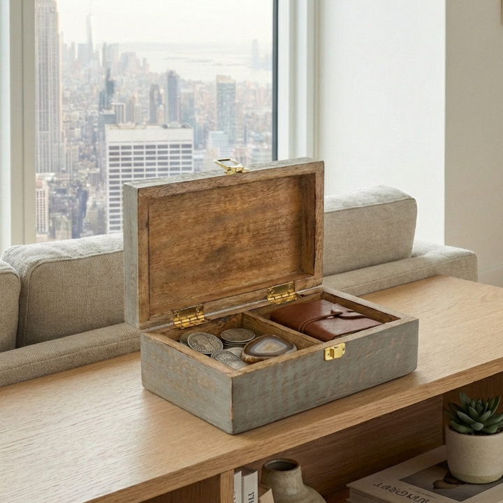 2 compartment handcrafted mango wood memory box styled on dresser with jewelry and keepsakes