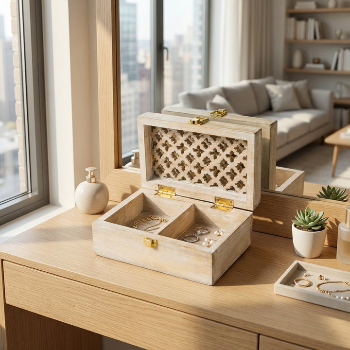 handcrafted whitewash trellis memory box styled on bedside table with jewelry and tea