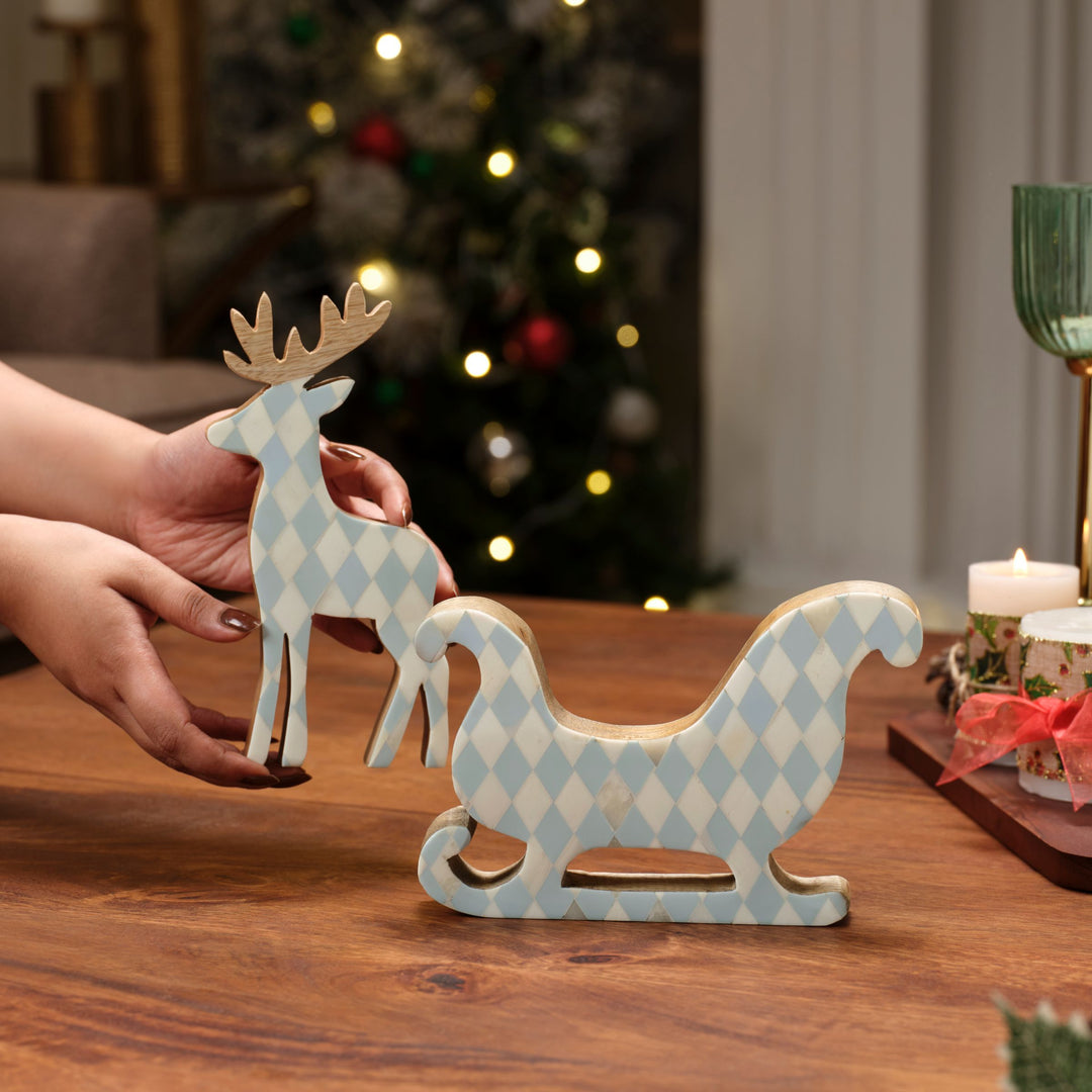 Blue and white frost bone inlay reindeer and sledge set of 2 in signature gift box 