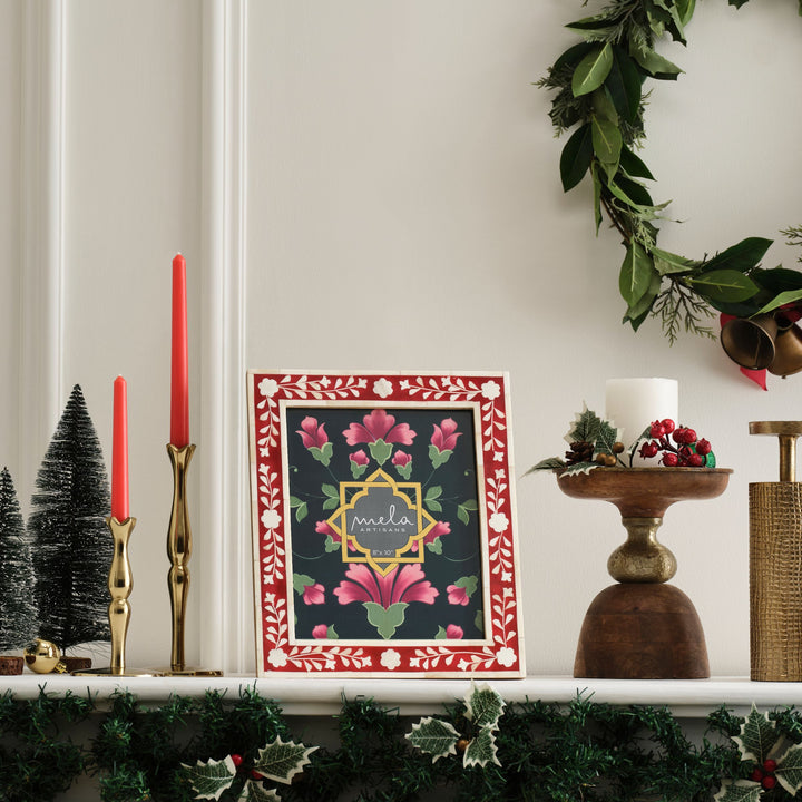 Red and white floral bone inlay picture frame displayed on a festive holiday mantelpiece  8x10