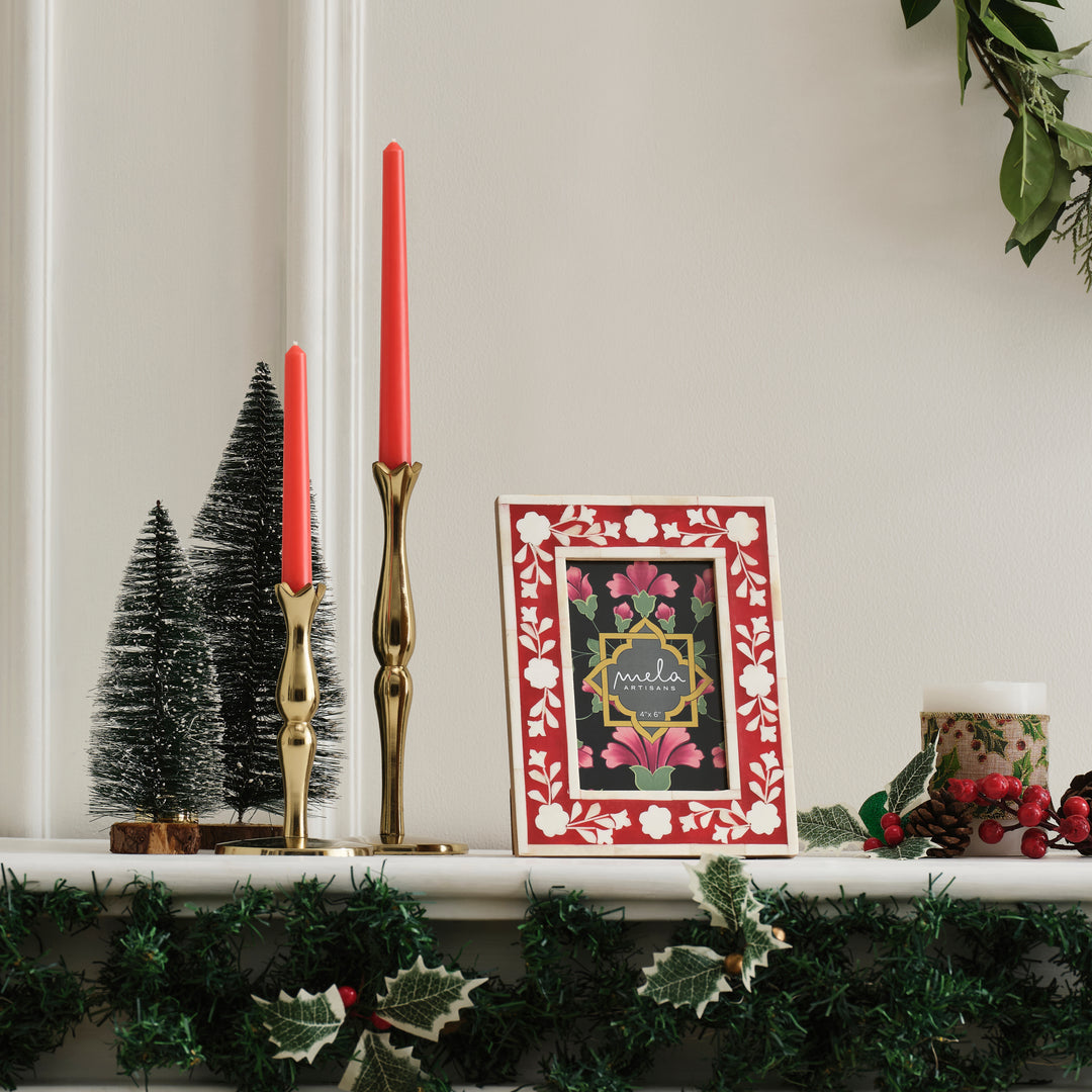 Red and white floral bone inlay picture frame displayed on a festive holiday mantelpiece  4x6