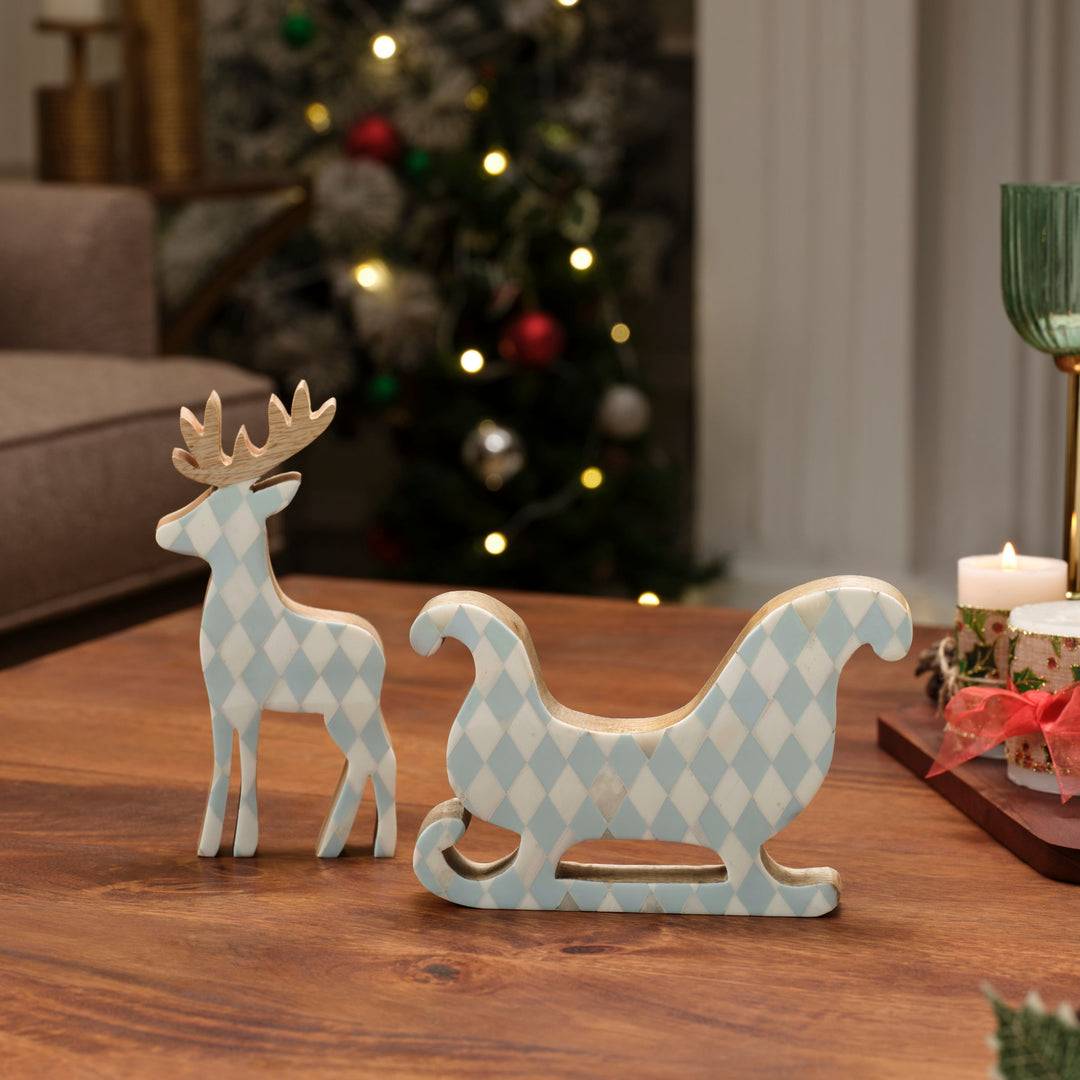 Blue and white frost bone inlay reindeer and sledge set of 2 in signature gift box 