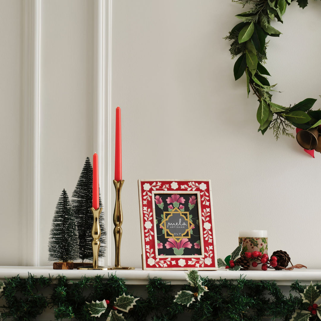Red and white floral bone inlay picture frame displayed on a festive holiday mantelpiece  5x7
