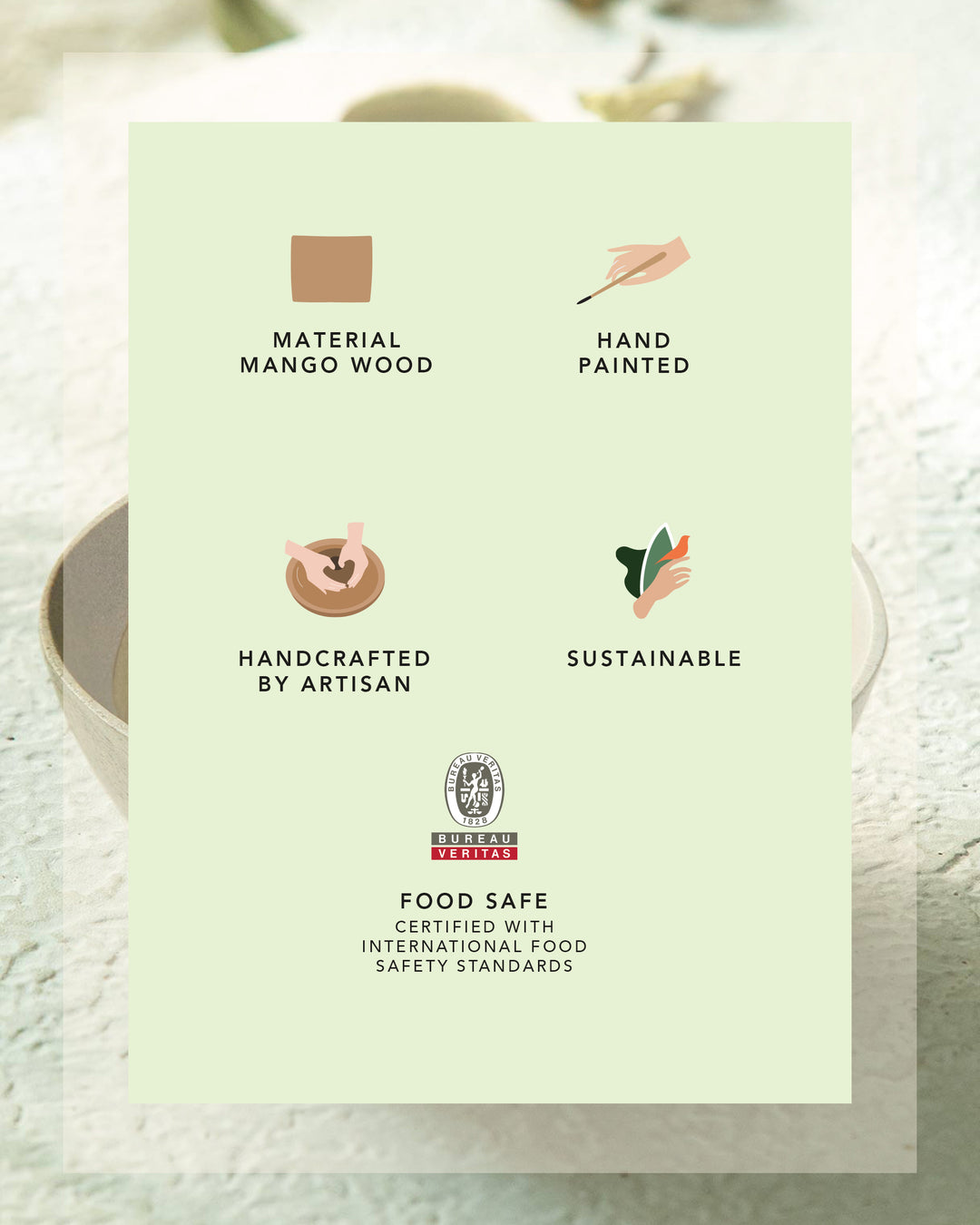 Card with sustainability and quality certification icons on a light green background