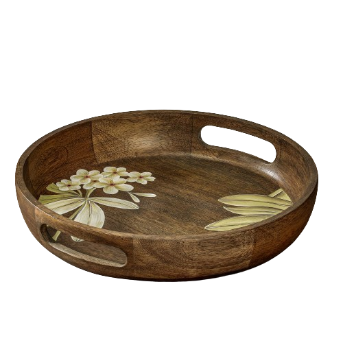 Round wooden tray with frangipani floral inlay and handles
