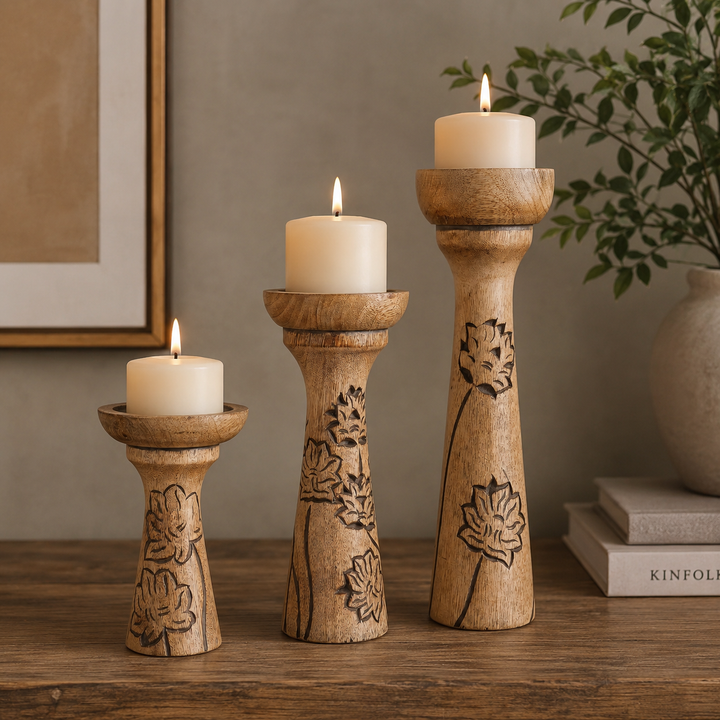 Floral Vine Mango Wood Candleholders – Natural Over Grey Set of 3