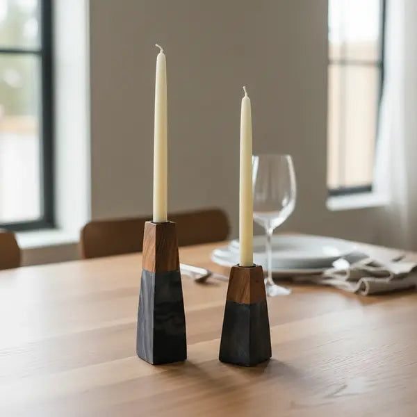 Tapered Marble & Acacia Candleholder