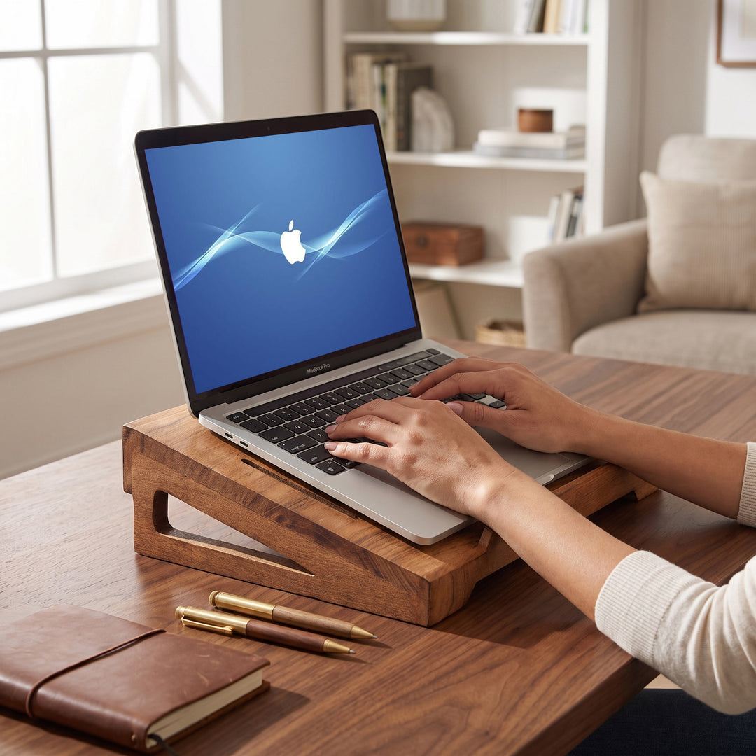Acacia wood laptop riser styled on a modern home office desk supporting a laptop  