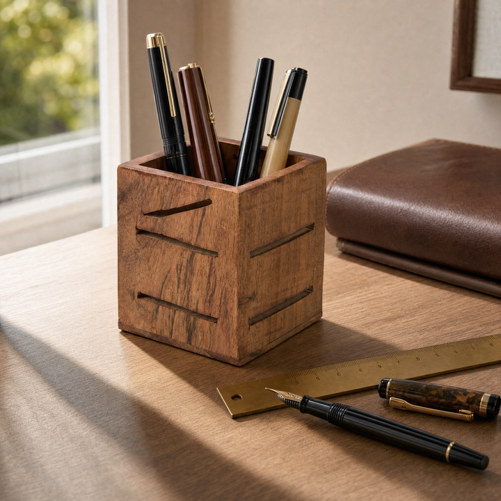  Acacia wood pen holder styled on a modern office desk filled with pens and pencils  