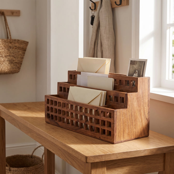  Acacia wood mail organizer styled on an office desk sorting letters and pens