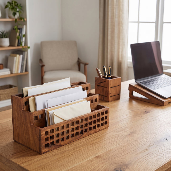  Acacia wood mail organizer styled on an office desk sorting letters and pens