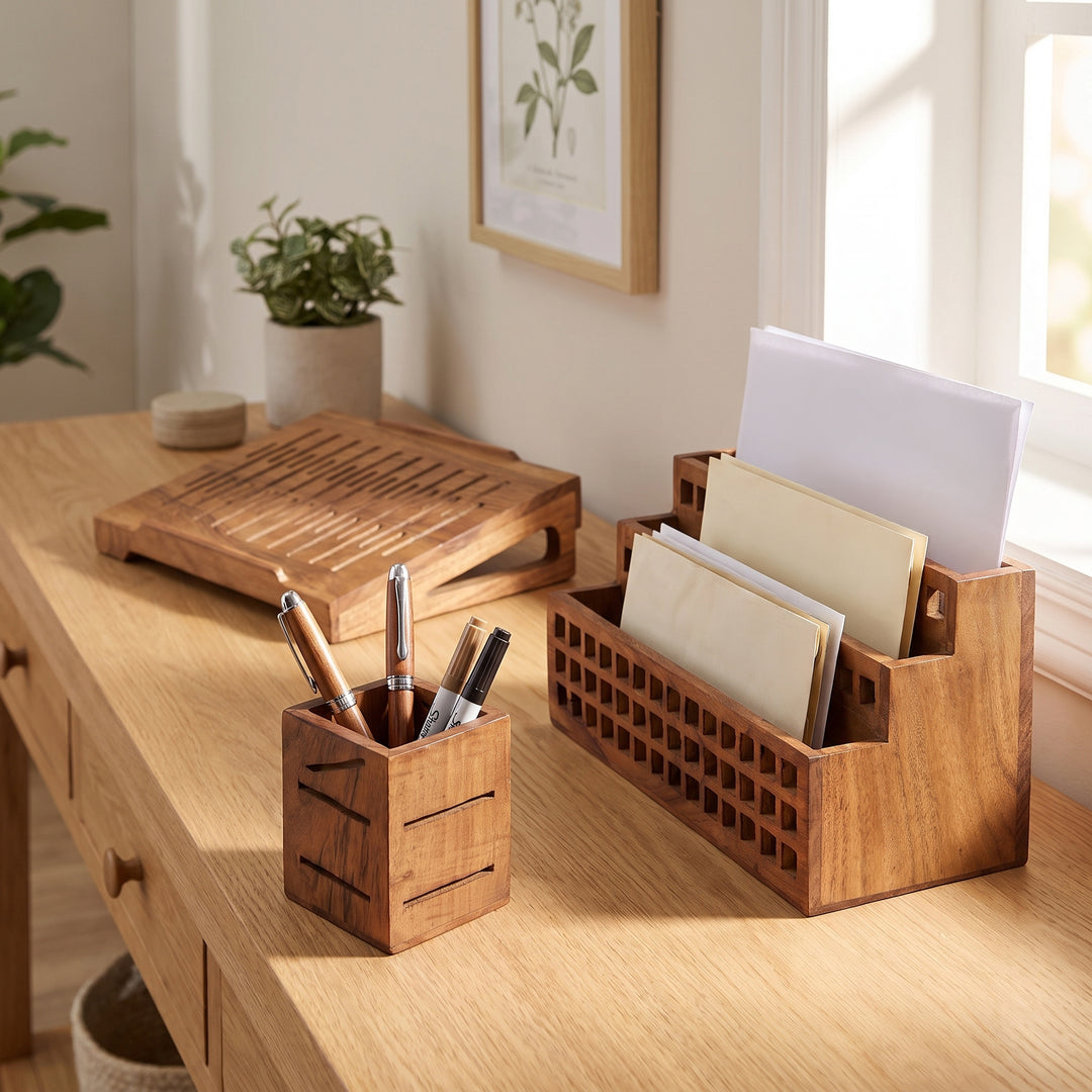  Acacia wood mail organizer styled on an office desk sorting letters and pens