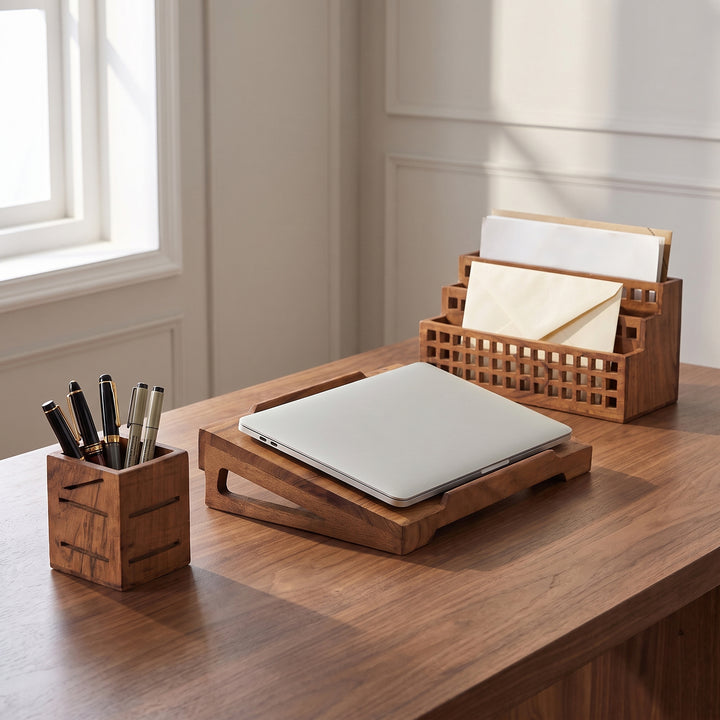Acacia wood laptop riser styled on a modern home office desk supporting a laptop  