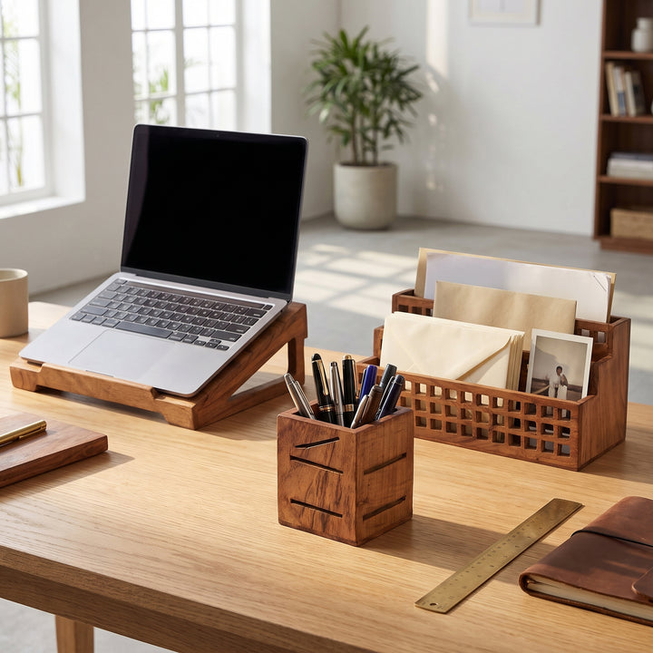  Acacia wood mail organizer styled on an office desk sorting letters and pens