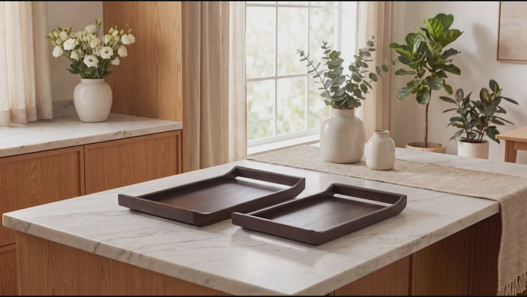 Acacia Wood Serving Tray Set of 2 in Urban Walnut Finish