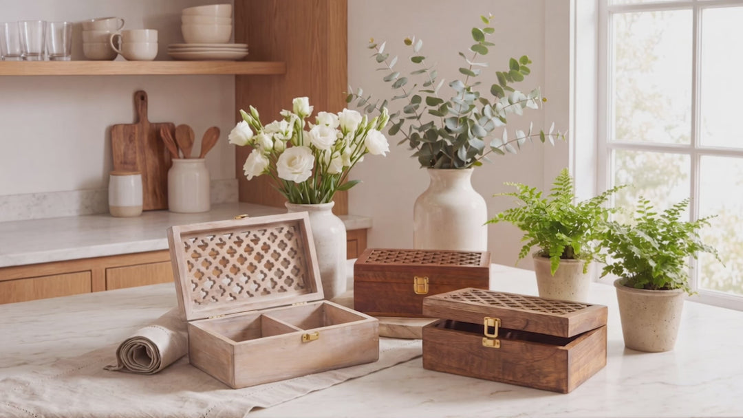Mango Wood Trellis Keepsake Box with Compartments, Whitewash